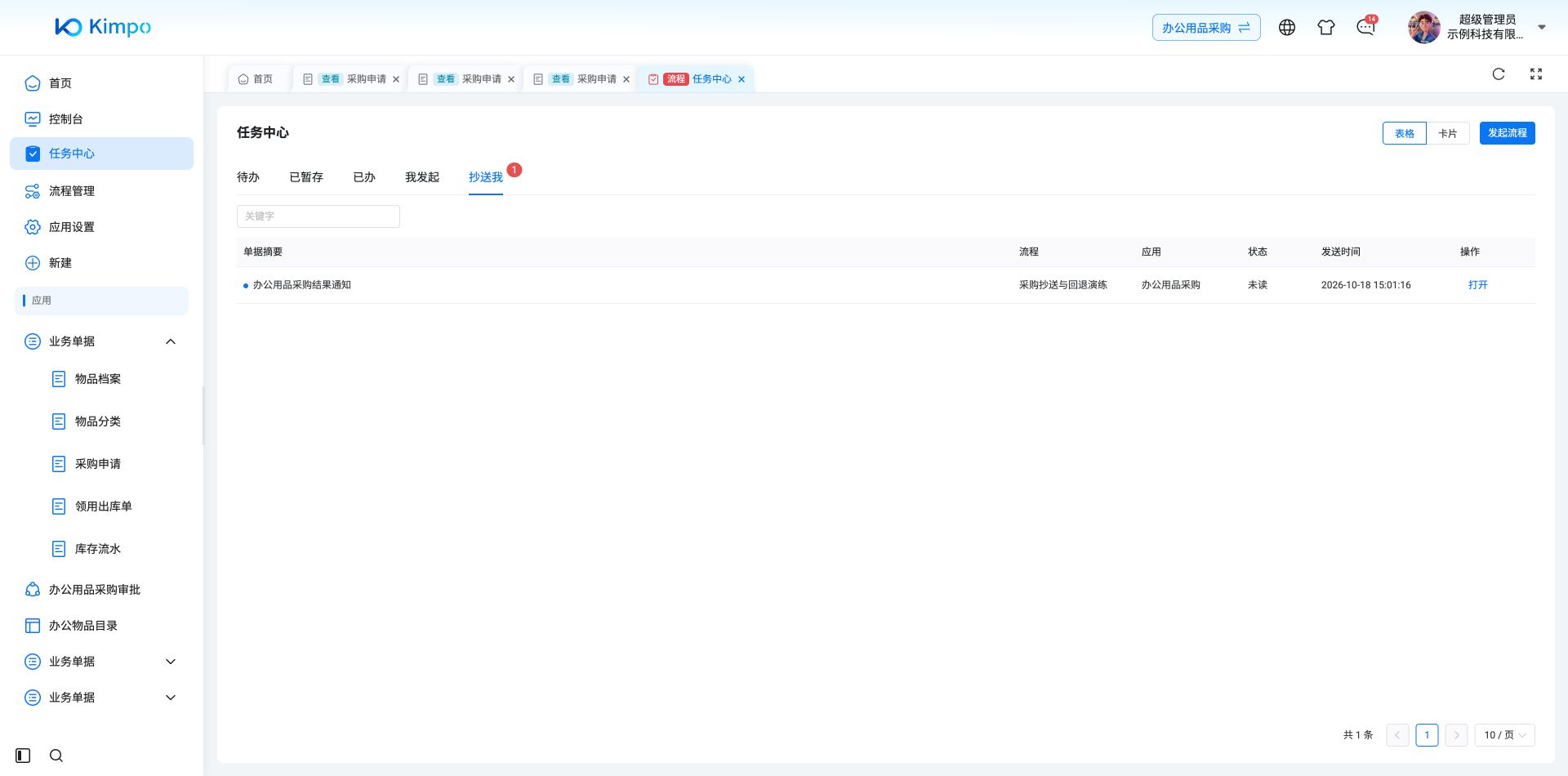 审批完成后自动产生抄送通知,抄送我列表显示未读及发送时间