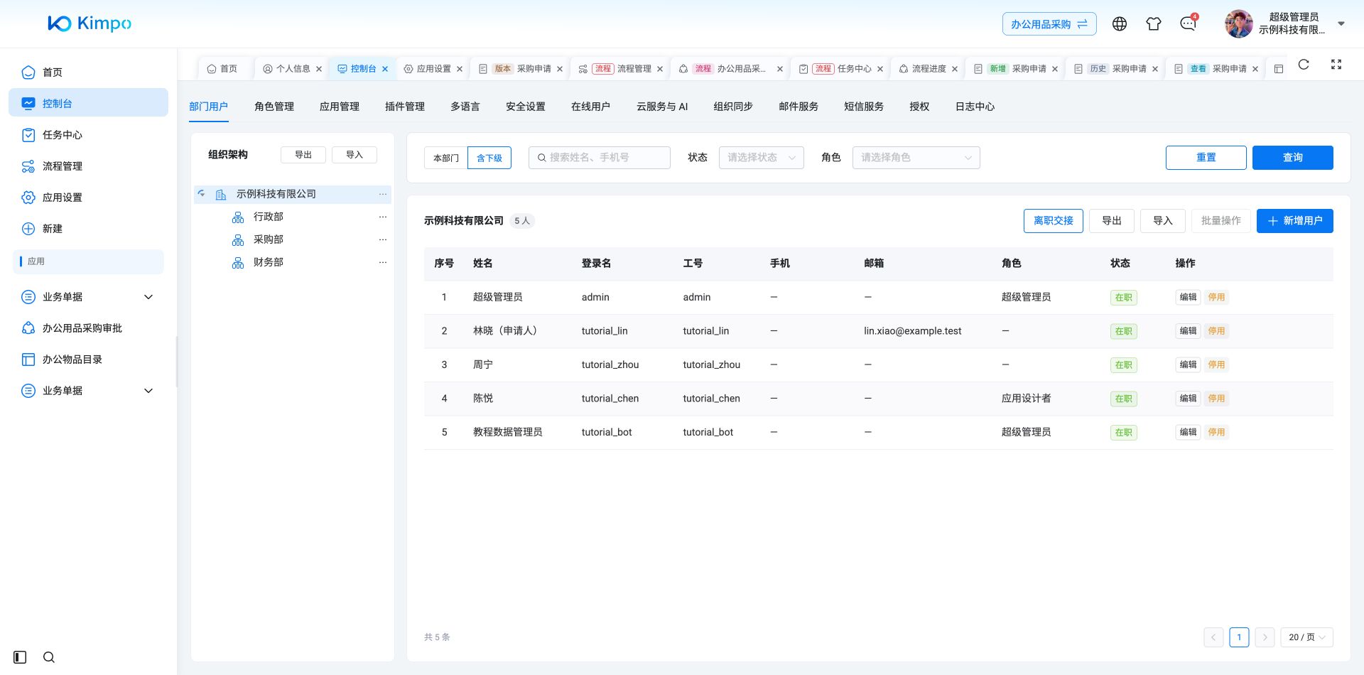 部门与用户：按层级查看示例部门和全部测试成员